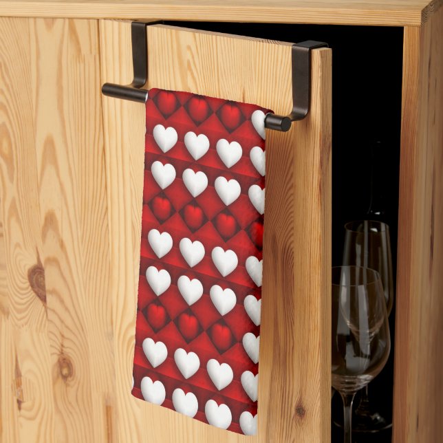 Red And White Heart Pattern Kitchen Towel (Thirds Fold)