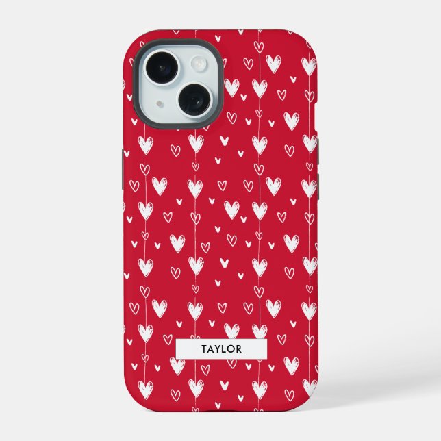 Red and White Heart Pattern Monogram Name Iphone Case (Back)