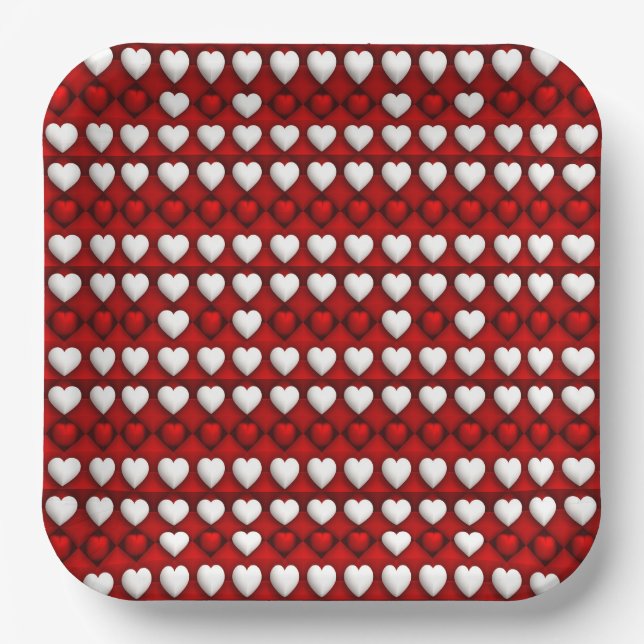 Red And White Heart Pattern Paper Plates (Front)