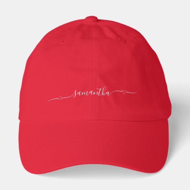 Red and White Heart Swash Signature Name Hat (Front)