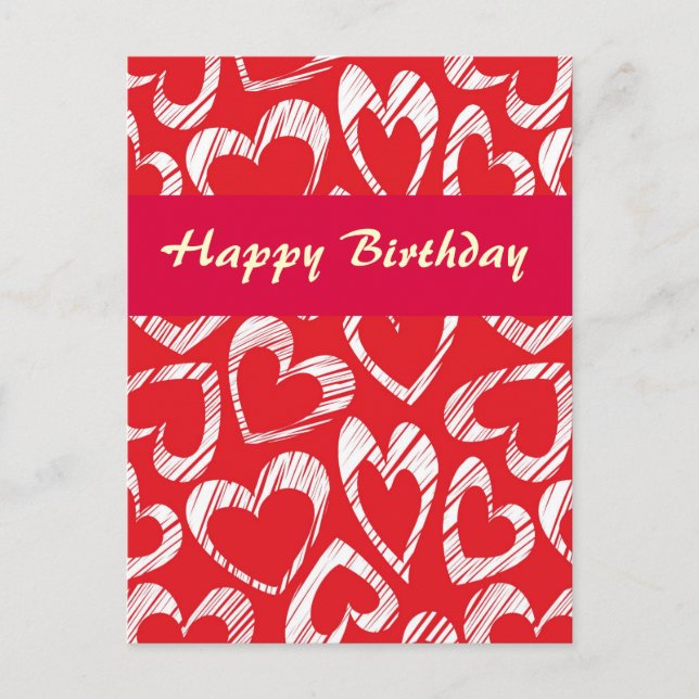 Red and white hearts Birthday Postcard (Front)