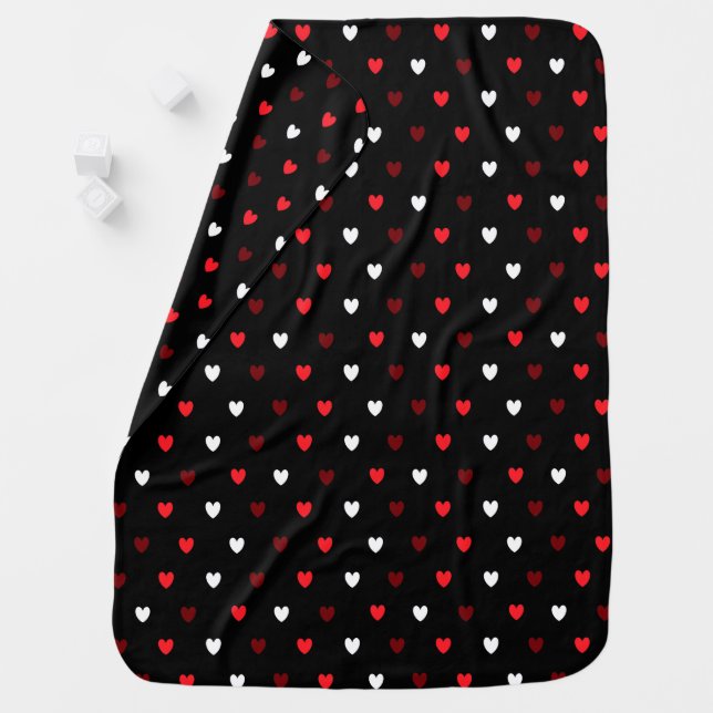 Red and white hearts on black baby blanket (In Situ)