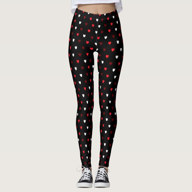 Red and white hearts on black leggings (Front)