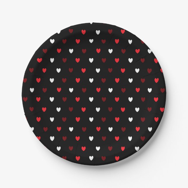 Red and white hearts on black paper plates (Front)