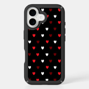 Red and white hearts on black iPhone 16 case