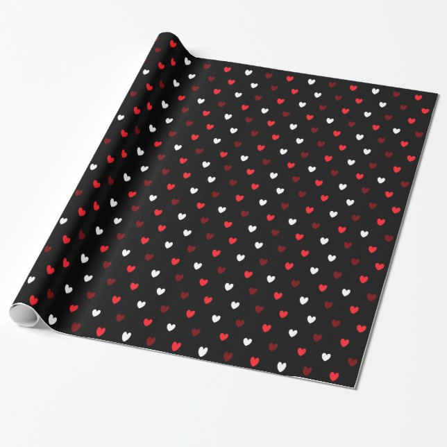 Red and white hearts on black wrapping paper (Unrolled)