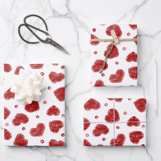 Red and White Hearts pattern Wrapping Paper Sheets (Front)