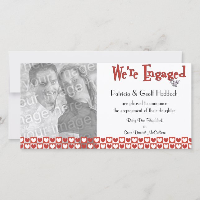 Red And White Hearts Photo Engagement Announcement (Front)