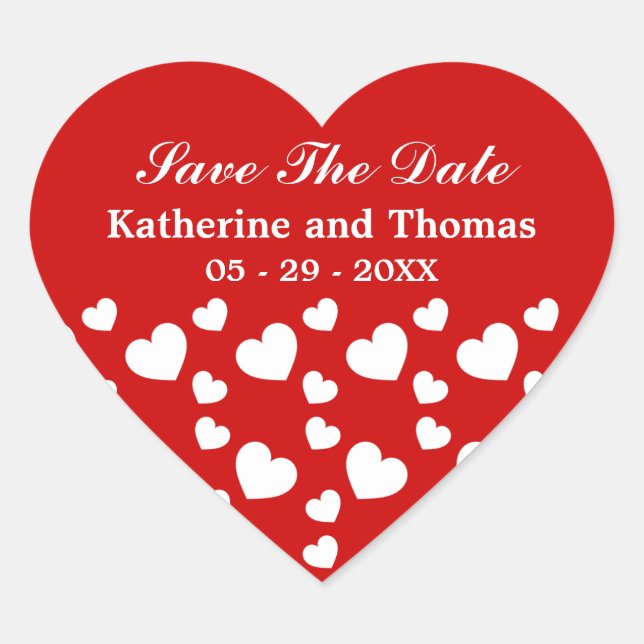 Red and White Hearts Save The Date Heart Sticker (Front)