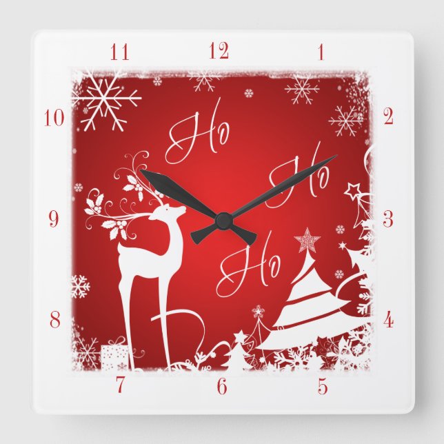 Red and White Ho Ho Ho Christmas Clock with Deer (Front)