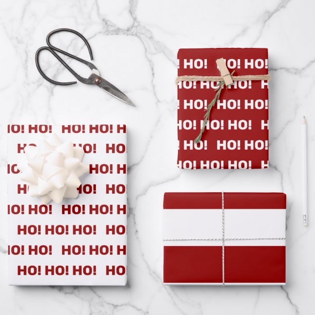 Red and White Ho Ho Ho! Stripes Wrapping Paper Sheets (Front)