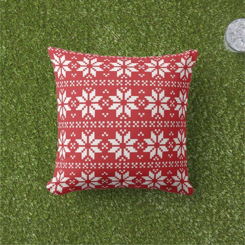 Red and White Holiday Nordic Pattern Christmas Outdoor Pillow