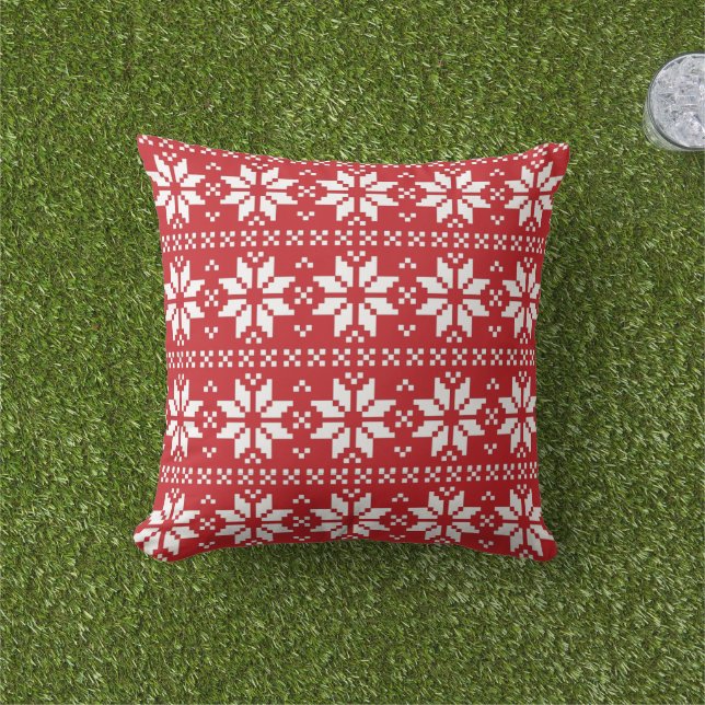 Red and White Holiday Nordic Pattern Christmas Outdoor Pillow (Grass)