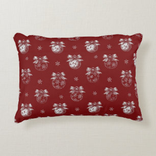 Red and White Holiday Ornament Toile De Jouy Accent Pillow