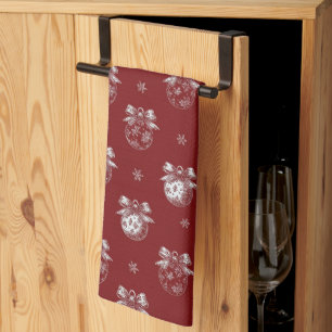 Red and White Holiday Ornament Toile De Jouy Kitchen Towel