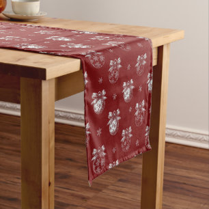Red and White Holiday Ornament Toile De Jouy Short Table Runner