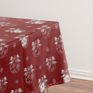 Red and White Holiday Ornament Toile De Jouy Tablecloth