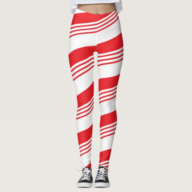 Red and white holiday peppermint candy cane leggings (Front)