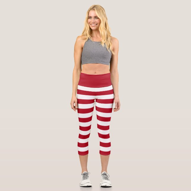 Red and White Holiday Stripes Elf Costume Capri Leggings (Front)