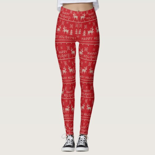 Red and White Holiday Ugly Sweater Leggings