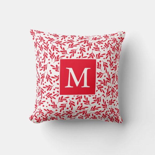 Red and White Holly Berries  Holiday Monogram Throw Pillow