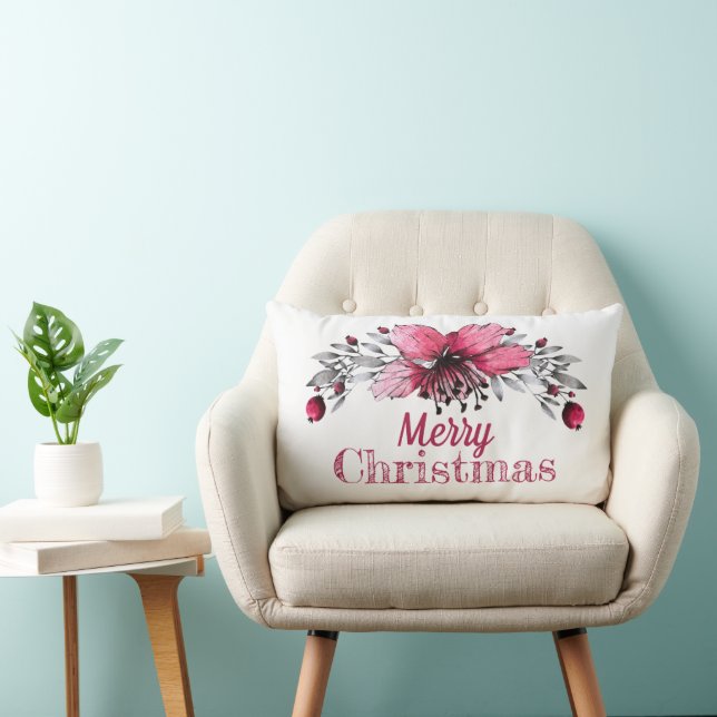Red and White Holly Merry Christmas Lumbar Pillow (Chair)