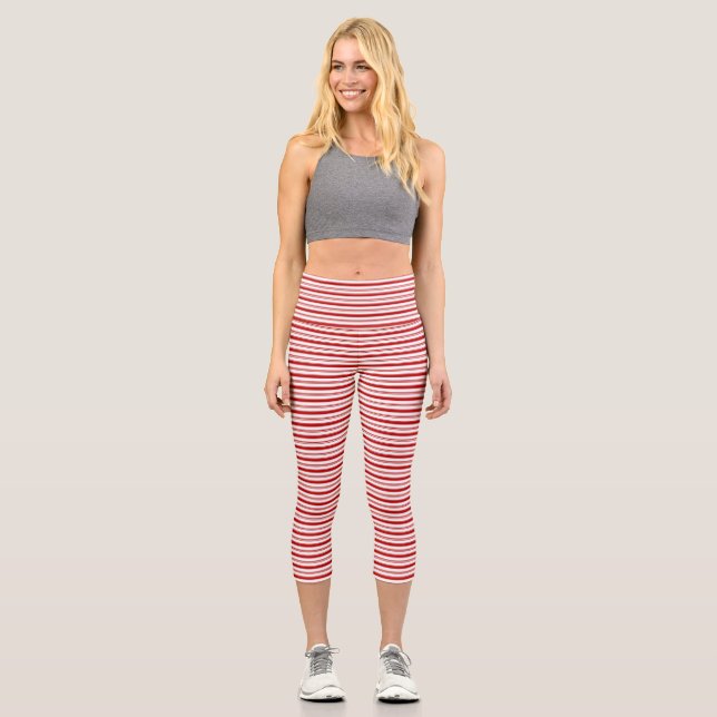 Red and White Horizontal Stripes Capri Leggings (Front)