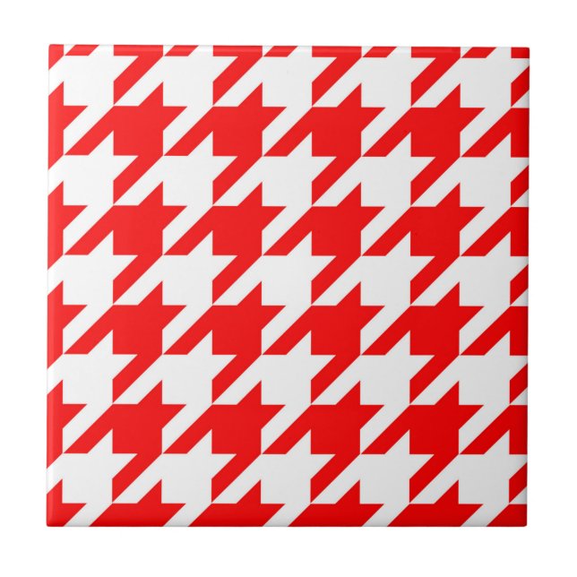 Red and White Houndstooth Check Ceramic Tile (Front)