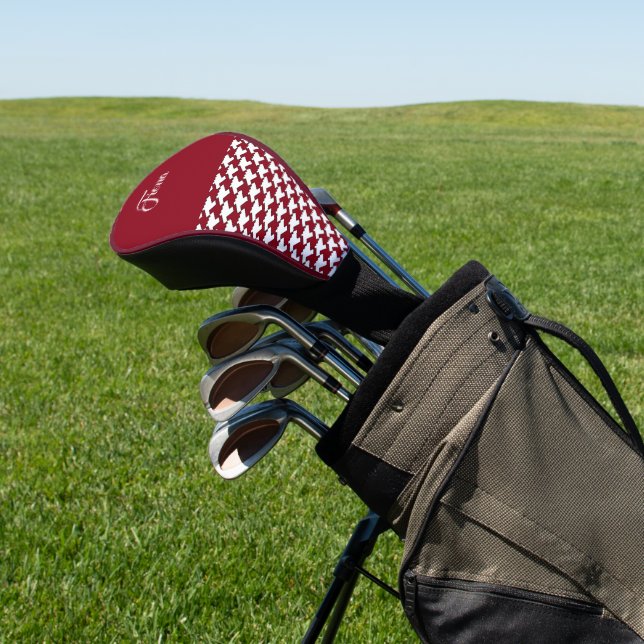 Red and white houndstooth pattern monogram golf head cover (In Situ)