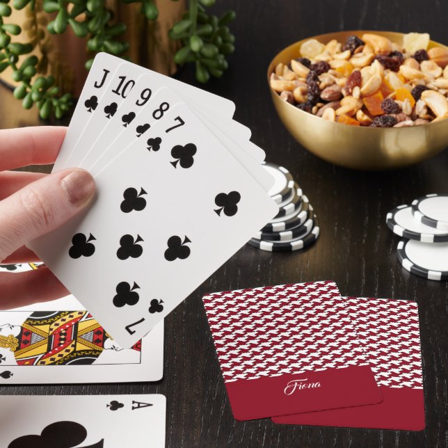 Red and white houndstooth pattern monogram poker cards (In Situ)
