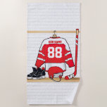 Red And White Ice Hockey Jersey Birthday Party Beach Towel at Zazzle