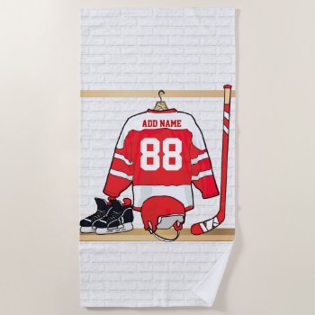 Red And White Ice Hockey Jersey Birthday Party Beach Towel by giftsbonanza at Zazzle