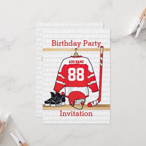 Red and White Ice Hockey Jersey Birthday Party Invitation