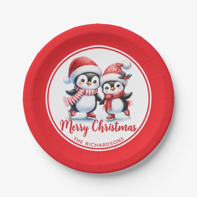 Red and White Ice Skating Penguins Merry Christmas Paper Plates (Front)