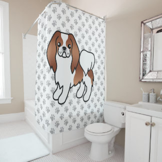 Red And White Japanese Chin Cartoon Dog &amp; Paws Shower Curtain