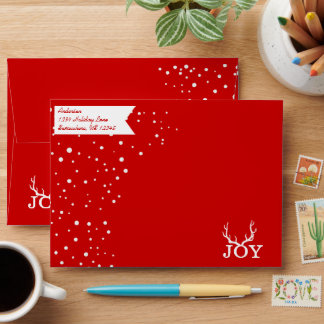 Red and White Joy Deer Antlers Merry Christmas Envelope