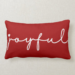 Red and White Joyful with Heart Holiday Lumbar Pillow