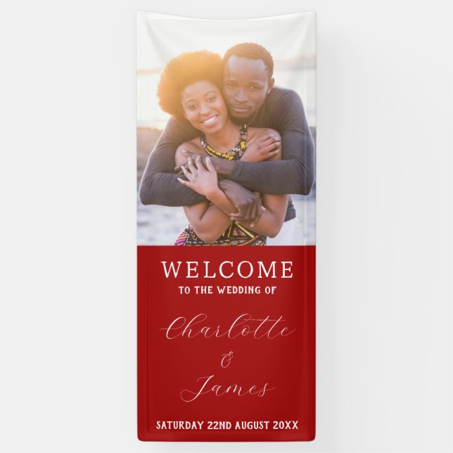 Red And White Just Married Wedding Couple Photo Banner (Vertical)