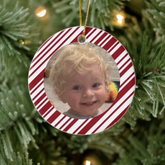 Red and White Keepsake Holiday Photo Ceramic Ornament (Creator Uploaded)