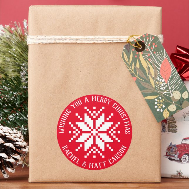 Red and White Knit Snowflake Christmas Gift Classic Round Sticker (Holiday)