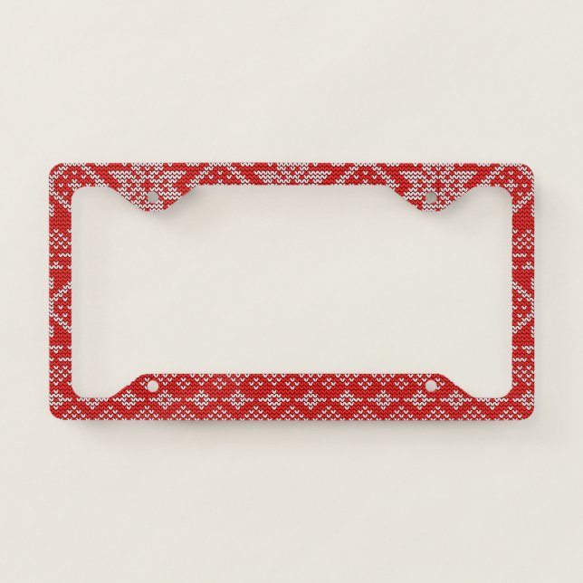 Red And White Knitted Christmas Pattern License Plate Frame (Front)