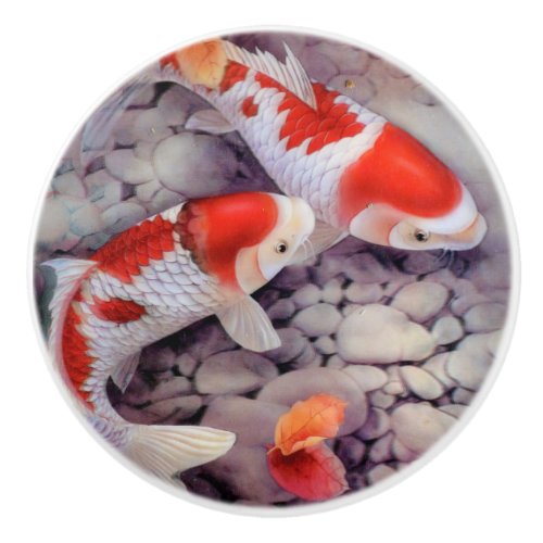 Red and White Koi Fish Pond Ceramic Knob