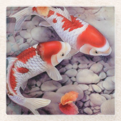 Red and White Koi Fish Pond Glass Coaster