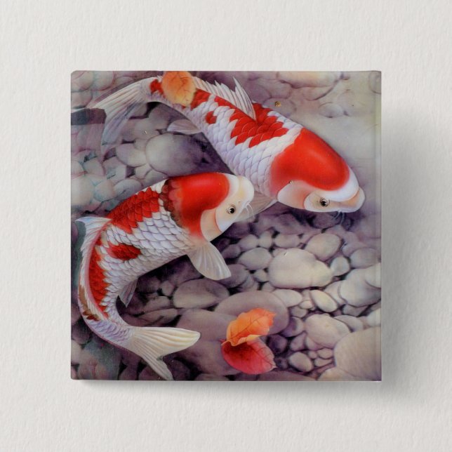 Red and White Koi Fish Pond Pinback Button (Front)