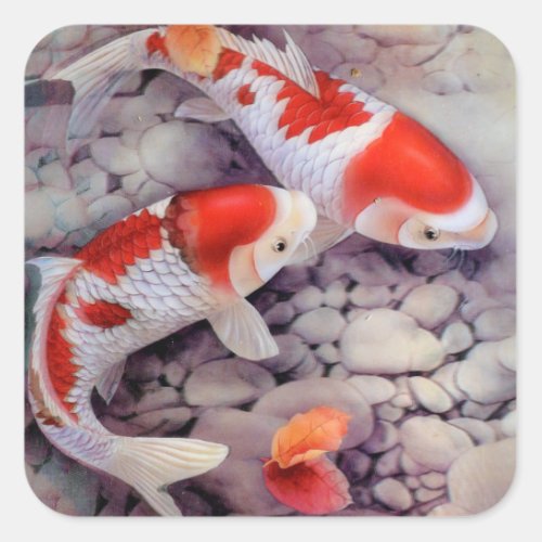 Red and White Koi Fish Pond Square Sticker