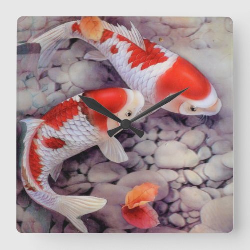 Red and White Koi Fish Pond Square Wall Clock