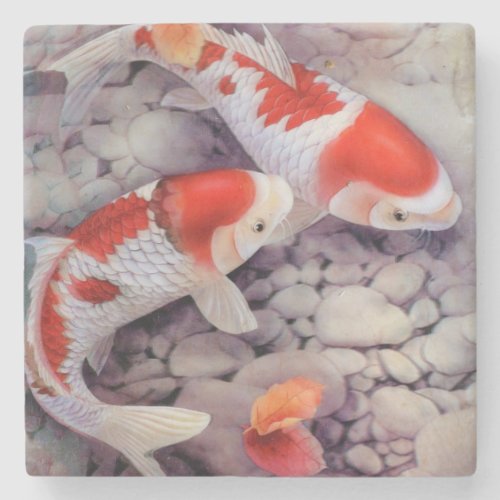 Red and White Koi Fish Pond Stone Coaster