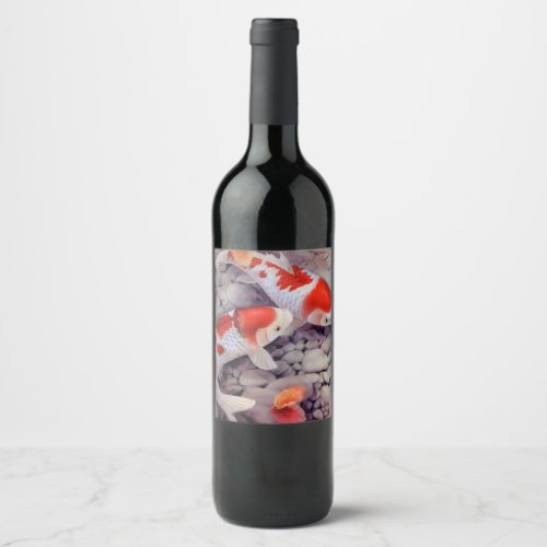 Red and White Koi Fish Pond Wine Label