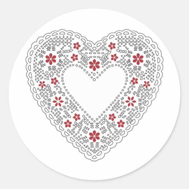 Red and White Lace Heart Classic Round Sticker (Front)