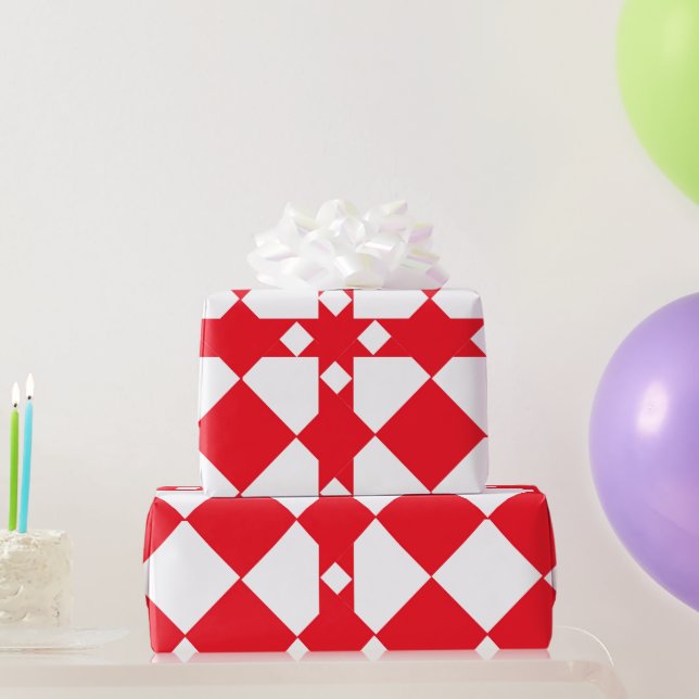 Red and White Large Checkerboard Diamond Pattern Wrapping Paper (Party Gifts)